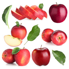 Fresh red apple fruits and green leaves isolated on white, collage