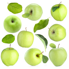 Fresh green apple fruits and leaves isolated on white, collage