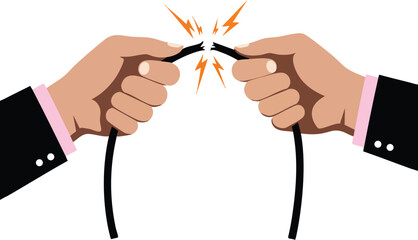 Hands breaking electric cable with sparks and lightning bolt vector illustration showing power cut or connection failure