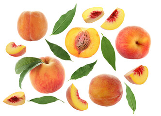 Ripe juicy peaches and green leaves on white background, collage