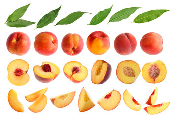 Ripe juicy peaches and green leaves on white background, collage