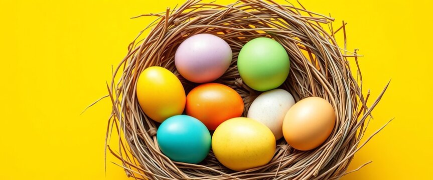 Colorful Easter eggs nestled in a straw bird's nest against a bright yellow background,  design,  holiday - Powered by Adobe