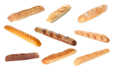 Different types of fresh baguettes isolated on white, collage