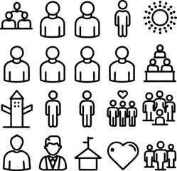 Collection of stylized human figures and icons representing teamwork community leadership and positive relationships in a simple outline style