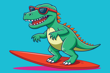 Fototapeta premium Cartoon Tyrannosaurus Rex Surfing with Sunglasses on a Red Surfboard
