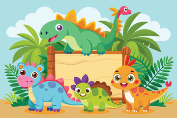Obraz premium Cute Cartoon Dinosaurs with a Blank Sign in a Tropical Setting