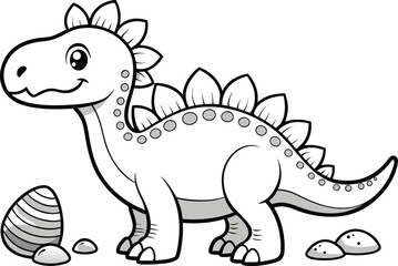 Naklejka premium Cute Cartoon Stegosaurus Dinosaur with Egg Black and White Outline