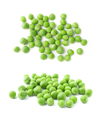 Fresh green peas isolated on white, collage. Top and side view