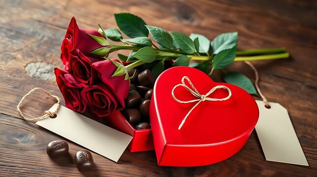 A bouquet of red roses rests beside a heartshaped box of chocolates on a rustic wooden surface - Powered by Adobe