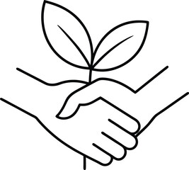 Human hand shaking with plant leaf symbolizing eco friendly agreement line art