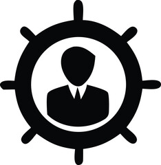 Silhouette of a person in a suit and tie inside a ship s steering wheel icon representing leadership guidance and control