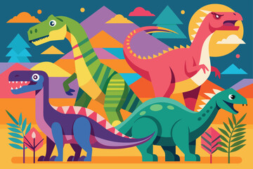 Colorful Geometric Dinosaur Illustration with Mountains Trees and Sun