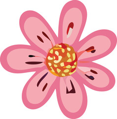 A stylized pink flower with a textured appearance and a vibrant multi colored center isolated on a white background