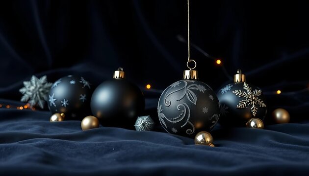 Elegant black Christmas ornaments on a rich velvet backdrop, perfect for luxury holiday marketing,  christmas decor,  luxury christmas - Powered by Adobe