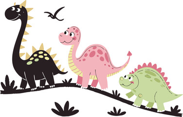 Cartoon Dinosaurs Walking on a Branch with Bird Flying Above Them