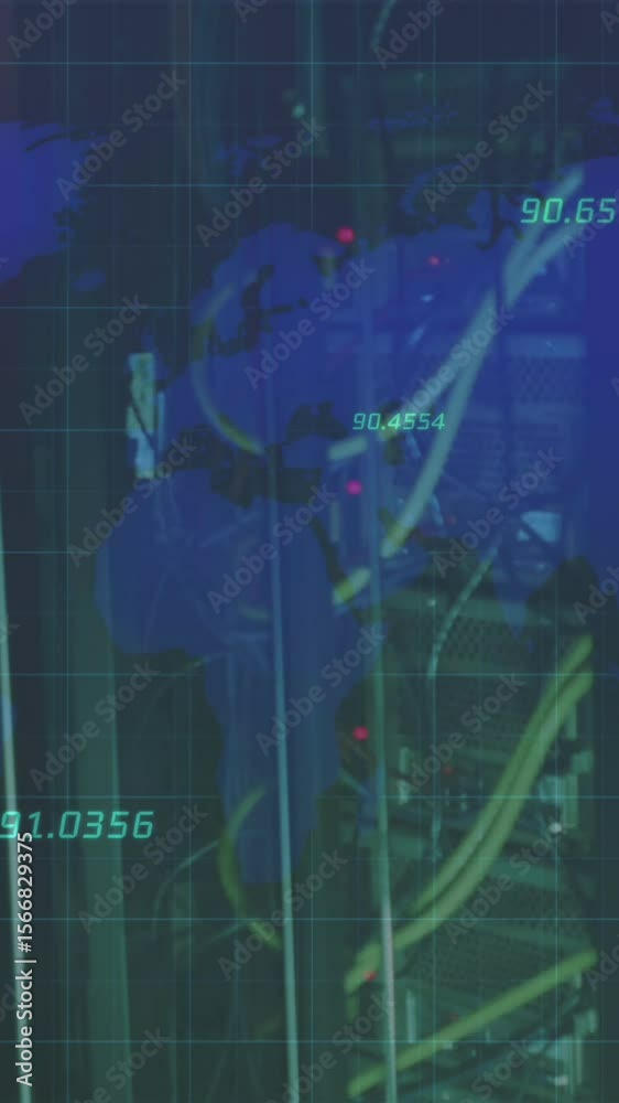 Poster animation of data processing and world map with cables of computer servers