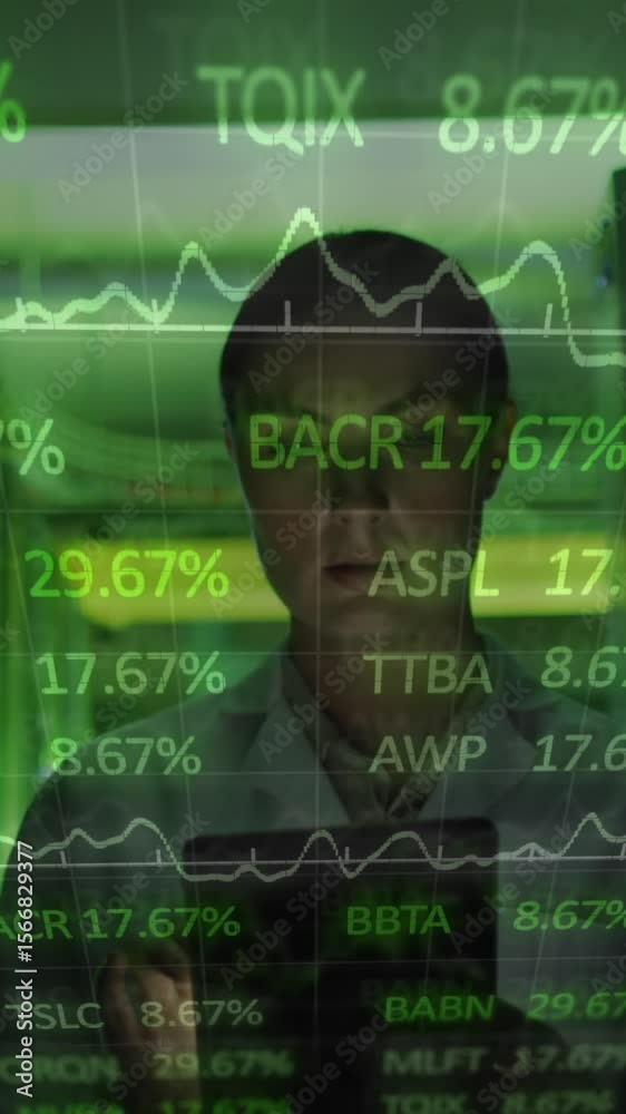 Poster animation of data processing over caucasian female it engineer with tablet checking computer servers