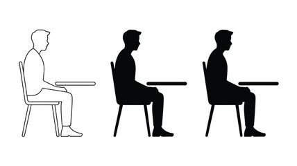 Three silhouettes of a person sitting at a desk in different styles and levels of detail shown
