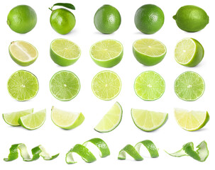 Fresh lime fruits and peel isolated on white, set