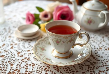 Fototapeta premium Elegant vintage ceramic teacup on a lace tablecloth, afternoon tea setting, cakes, high tea