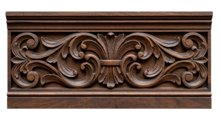 Beautiful close-up of a detailed wooden carving featuring a floral scrollwork pattern.