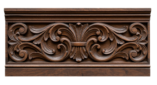 Beautiful close-up of a detailed wooden carving featuring a floral scrollwork pattern.
