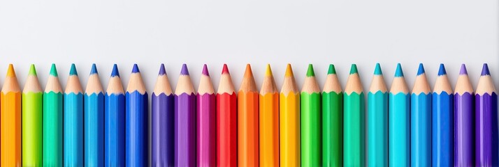 Row of sharpened coloring pencils in spectrum of bright vibrant colors