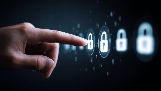 Digital Security Concept Hand Interacting with Lock Icons on a Dark Interface