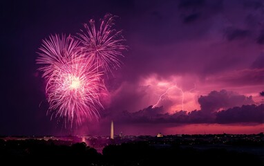 Pink Fireworks Over Washington Monument During Storm
