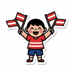 Cheerful Cartoon Boy Waving Austrian Flags with Painted Cheeks Vector Illustration.