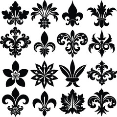 A collection of sixteen distinct black and white ornamental vector graphics featuring fleur de lis and floral motifs © PureVector Lab