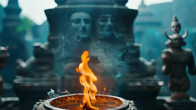 Ritual flame burns in ornate bowl, spiritual ambiance