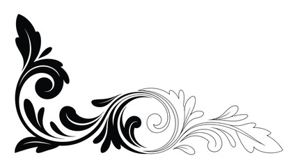 Fototapeta premium A black and white floral corner design with swirling leaves and a decorative flourish on a white background