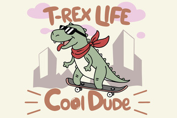 Cartoon T Rex with Sunglasses Riding Skateboard in the City