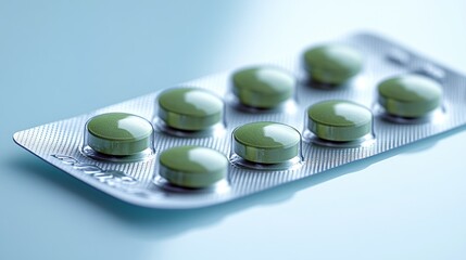 Green dietary supplement tablets arranged neatly on a shiny, blue surface