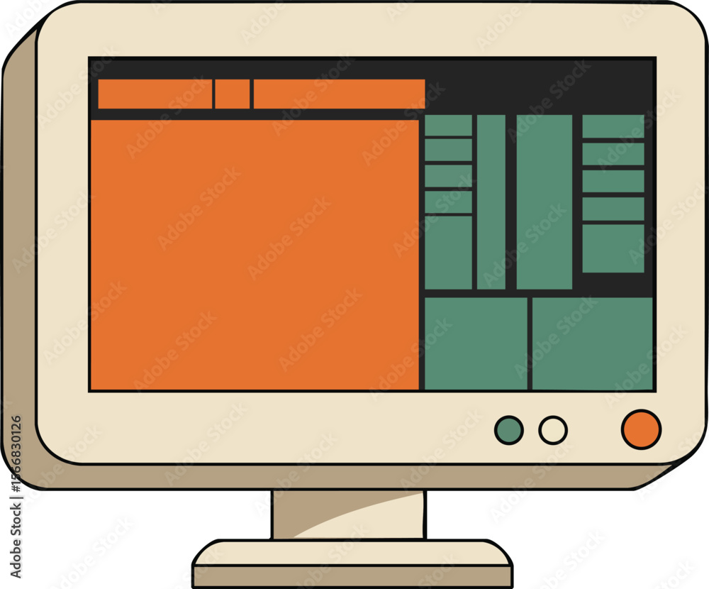 Poster retro computer monitor with orange and green interface design in vector style for technology and vin