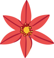 Stylized illustration of a vibrant red flower with six pointed petals and a detailed yellow and red center against a white background