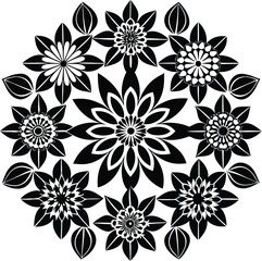 Intricate black and white floral mandala pattern with repeating petal designs and leaf accents on a clean white background