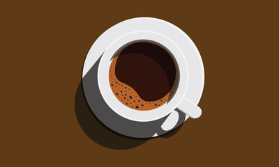 Minimal Flat Design Vector Illustration of a Hot Fresh Coffee Cup with White Saucer and Delicious Espresso Foam Seen from Top View on Brown Background

