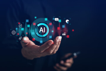 AI technology for business innovation, startup development, data analysis, and goal targeting. artificial intelligence concept with digital interface and futuristic