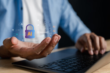 AI cybersecurity concept digital padlock and data protection icons. secure artificial intelligence,...