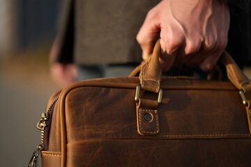 A close up shot of a man's hand holding a vintage brown leather briefcase outdoors in the sunlight
