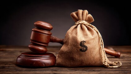 Financial Law Gavel and Money Bag Symbolizing Legal Judgments and Monetary Decisions
