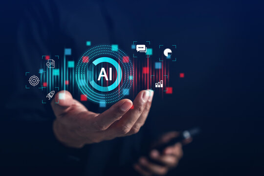 AI technology for business innovation, startup development, data analysis, and goal targeting. artificial intelligence concept with digital interface and futuristic