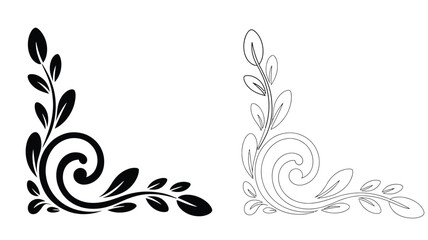 Fototapeta premium Two floral corner designs one in black fill and one in outline style on a white background