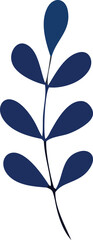 Abstract minimalist dark blue stylized leaves on a thin stem against a clean white background evoking nature and simplicity