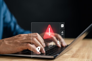 Data scam alert popup on laptop screen warning icon for online fraud, phishing attack, identity...