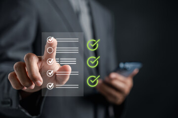 Checklist form with check marks, digital feedback survey, customer satisfaction evaluation, performance review, data collection, and online form filling.