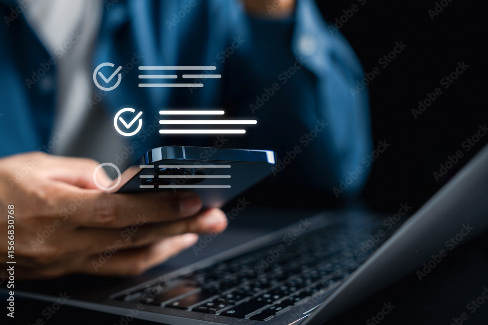 Poster Mobile checklist and online survey form for task, data collection, and productivity management. Supporting digital workflow, paperless process, and remote access on smart devices.