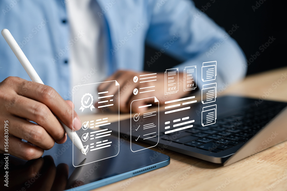 Aufkleber Digital quality assignment management with checklist, task review, and document control. Supporting productivity, workflow organization, and accuracy in project or academic task handling.